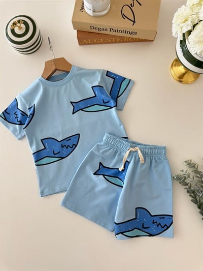 Erkek Çocuk Pamuklu Köpek Balığı Desenli T-Shirt Şort Takım