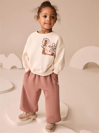 Kız Çocuk Pamuklu Ekru Baskılı Sweatshirt ve Gül Kurusu Eşofman Takım - Rahat Kalıp