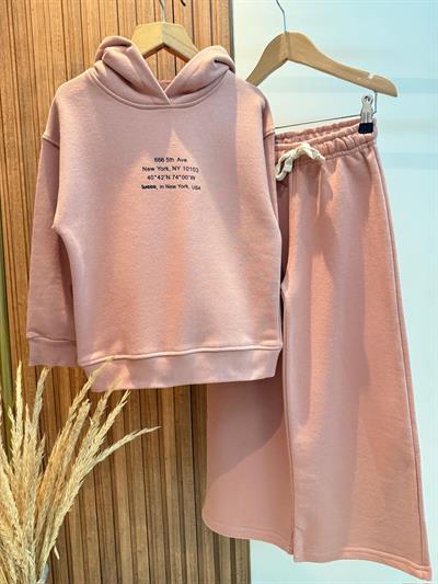 Kız Çocuk Pamuklu Gül Kurusu Kapüşonlu Sweatshirt ve Geniş Paça Eşofman Takım