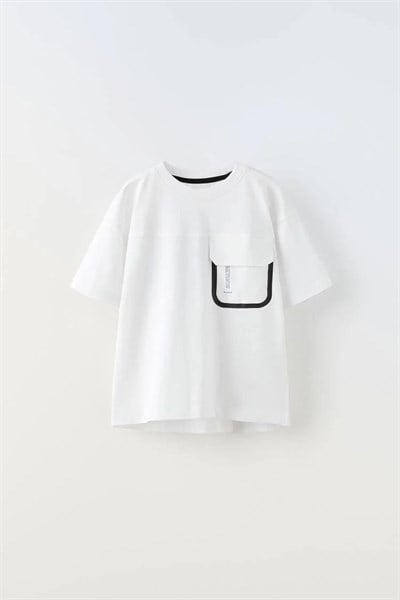 Erkek Çocuk Pamuklu Cep Detaylı Beyaz Oversize T-shirt