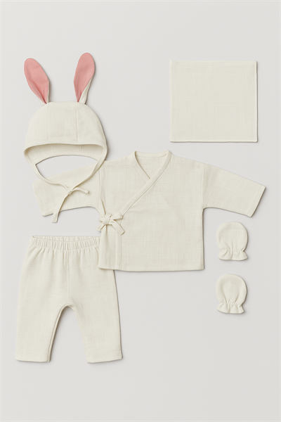 Unisex Bebek Pamuklu Ekru Tavşan Kulaklı 5 Parça Hastane Çıkışı Takımı