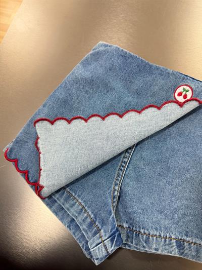 Kız Çocuk Pamuklu Mavi Kiraz Düğmeli Denim Şort Etek