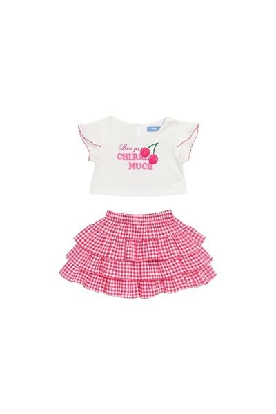 Kız Çocuk Pamuklu Ekru Kiraz Baskılı T-Shirt ve Pembe Pötikare Etek Takım