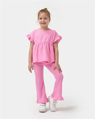 Kız Çocuk Pamuklu  Gofre Dokulu Fırfırlı Kısa Kollu Bluz  İspanyol Paça Alt Takım 