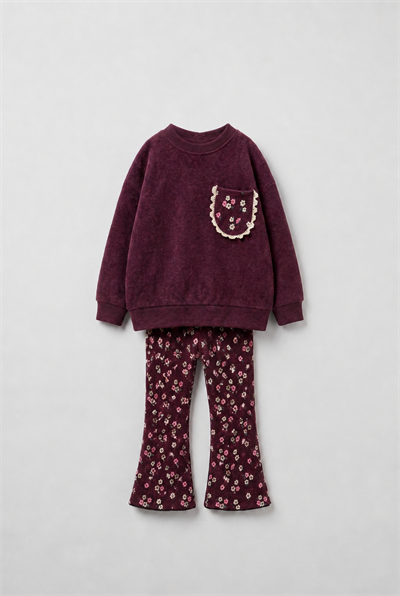Kız Çocuk Çiçek Desenli Bordo Sweatshirt ve İspanyol Paça Tayt Takımı