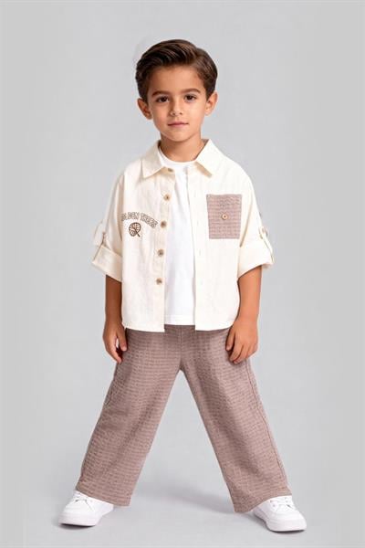 Erkek Çocuk Pamuklu Bej Cepli Gömlekli Takım – Kısa Kollu Gömlek, T-Shirt ve Pantolon