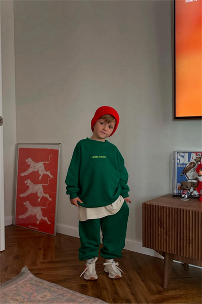 Unisex Çocuk Pamuklu Yeşil Mood Eşofman Takımı - Oversize Rahat Kalıp