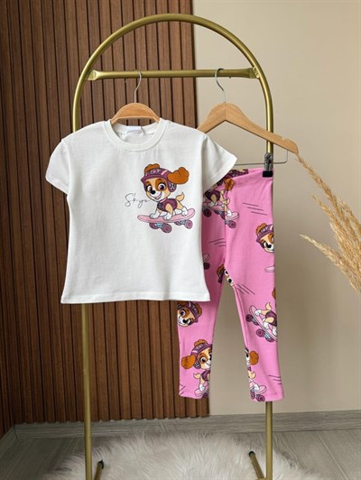 Kız Çocuk Pamuklu Ekru Köpek Figürlü T-Shirt Tayt Takım