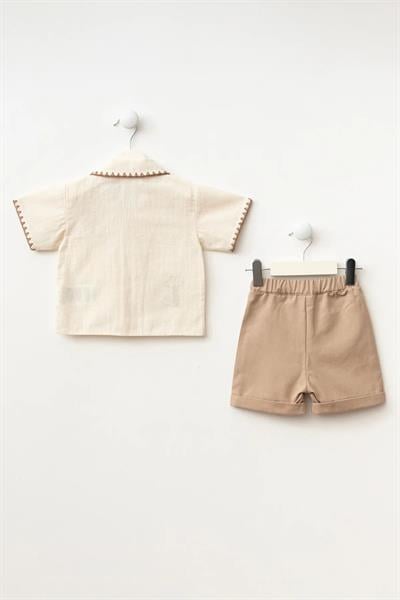 Erkek Bebek Pamuklu Bej Palmiye Nakışlı Takım