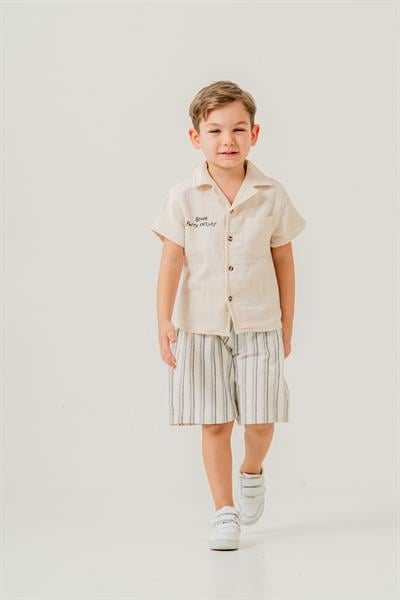 Erkek Çocuk Pamuklu Müslin Kumaş Gömlek ve Çizgili Şort İkili Takım 
