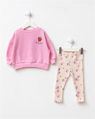 Kız Çocuk Çilek Nakışlı Pembe Sweatshirt ve Tayt Takımı
