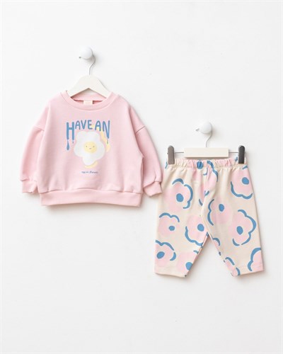 Kız Çocuk Pamuklu Çiçek Baskılı Pembe Sweatshirt ve Desenli Eşofman Takımı