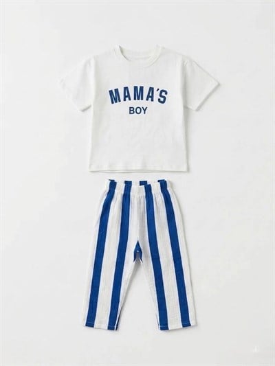 Erkek Çocuk Pamuklu Mamas Boy Baskılı T-shirt Çizgili Müslin Pantolon Takım