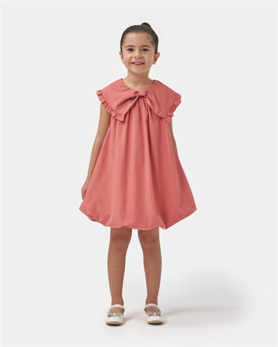 Kız Çocuk Pamuklu Gül Kurusu Fırfır Yakalı Elbise