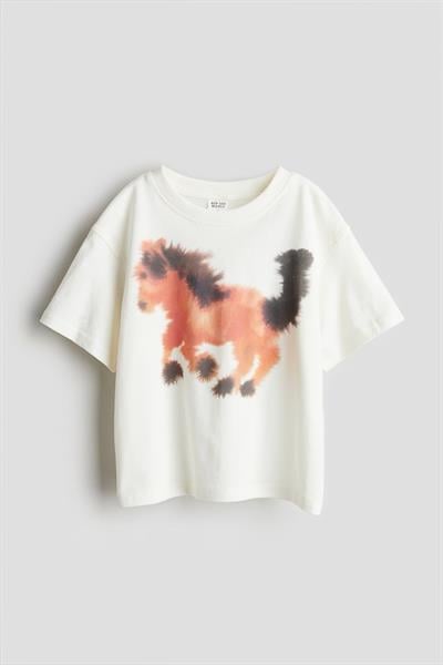 Kız Çocuk Pamuklu Ekru Su Desenli At Baskılı T-shirt - Oversize Kalıp