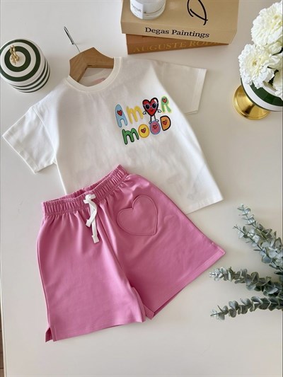 Kız Çocuk Pamuklu Ekru Pembe Kalp Detaylı Baskılı Tişört Şort Takım