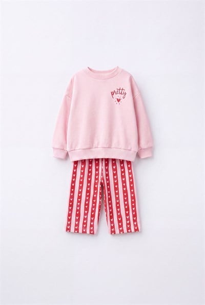 Kız Çocuk Pamuklu Pembe Sweatshirt ve Kırmızı Kalp Desenli Çizgili Eşofman Takımı