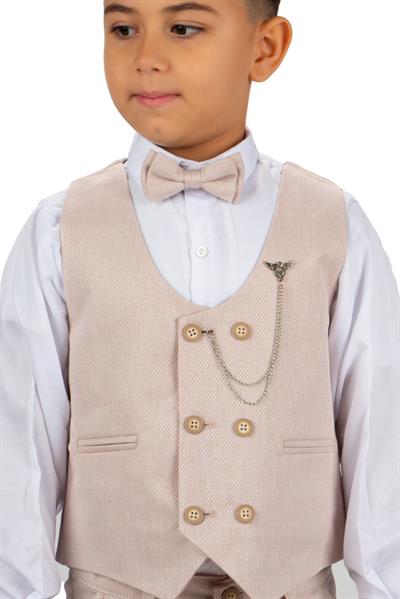 Erkek Çocuk Keten Görünümlü Taş Renkli Yelekli Pantolon Takım - Papyon ve Zincir Aksesuarlı