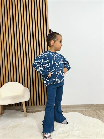 Kız Çocuk Pamuklu Lacivert Fiyonk Desenli Sweatshirt ve Volan Paça Eşofman Takımı