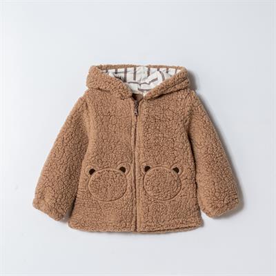 Unisex Çocuk Pamuklu Kahverengi Teddy Desenli Kapüşonlu Fermuarlı Mont - Cep Detaylı