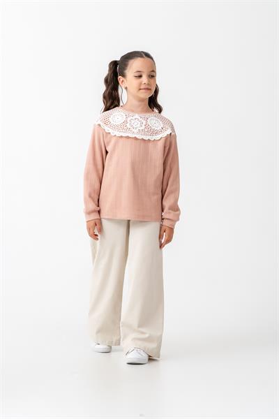 Kız Çocuk Pamuklu Pudra Dantel Yaka Uzun Kollu Bluz - Şık Günlük Stil