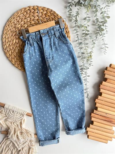 Kız Çocuk Pamuklu Mavi Puantiye Desenli Denim Pantolon – Lastik Belli, Rahat Kesim