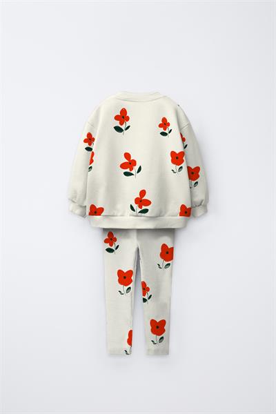 Kız Çocuk Pamuklu Ekru Kırmızı Çiçek Desenli Sweatshirt ve Tayt Takım - Günlük Konforlu Stil