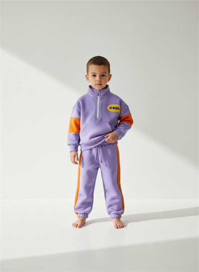 Unisex Çocuk Pamuklu Lila Turuncu Cool Yazılı Zip Eşofman Takımı