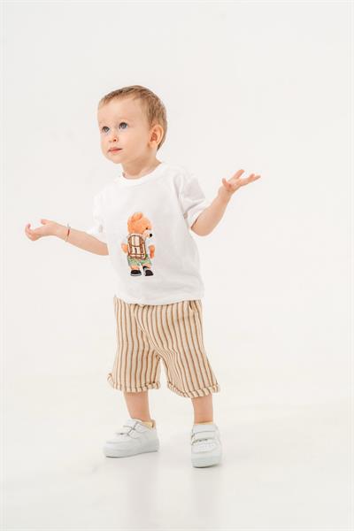 Pamuk Ayıcık Baskılı Beyaz Erkek Bebek Tişört ve Çizgili Şort İkili Takım (6-24 Ay)