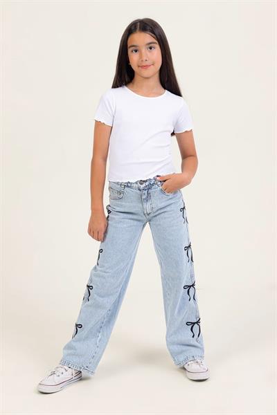 Kız Çocuk Pamuklu Açık Mavi Fiyonklu Denim Pantolon – Günlük Rahat Kesim