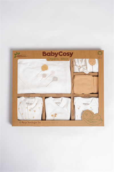 Unisex Bebek Pamuklu Ekru Hardal 10lu Hastane Çıkışı Seti - Ayıcık Baskılı Desenli
