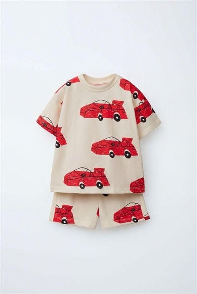 Erkek Çocuk Pamuklu Kırmızı Araba Baskılı T-shirt Şort Takım
