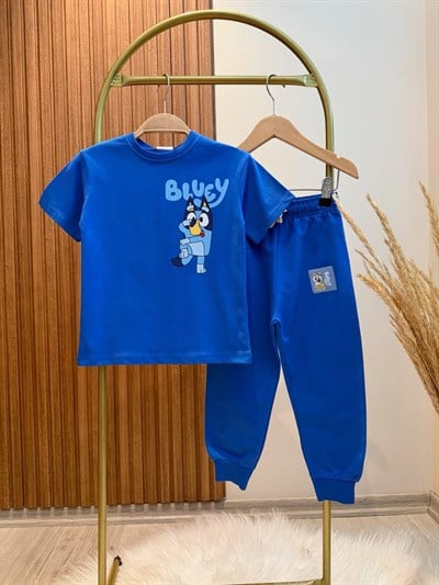 Erkek Çocuk Pamuklu Mavi Karakter Baskılı T-Shirt Jogger Pantolon Takım