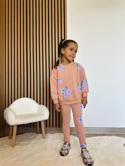 Kız Çocuk Pamuklu Somon Çiçek Desenli Sweatshirt ve Tayt Eşofman Takım