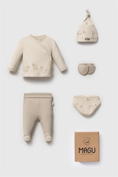 Unisex Bebek Pamuklu Bej Koyun Desenli 5li Yenidoğan Hastane Çıkış Seti