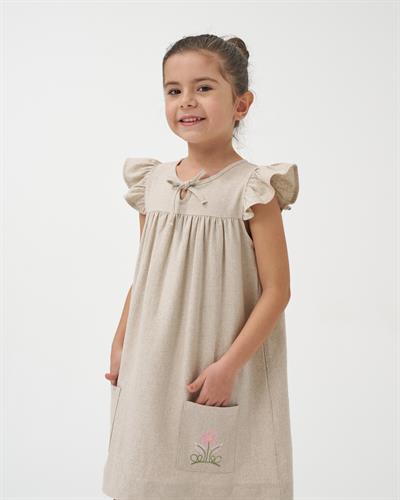 Kız Çocuk Keten Bej Çiçek Nakışlı Fırfır Kollu Elbise