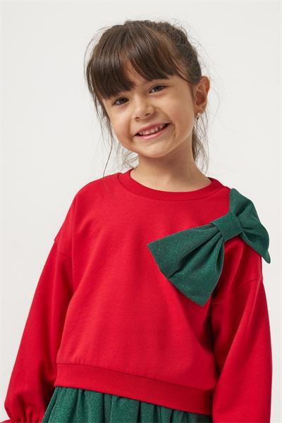 Kız Çocuk Pamuklu Kırmızı Fiyonklu Sweatshirt Yeşil Tüllü Etekli Takım - Şık ve Konforlu Kombin