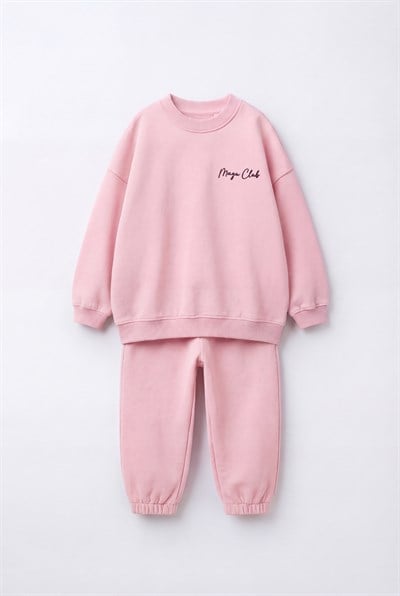 Kız Çocuk Pembe Basic Sweatshirt ve Eşofman Altı Takımı