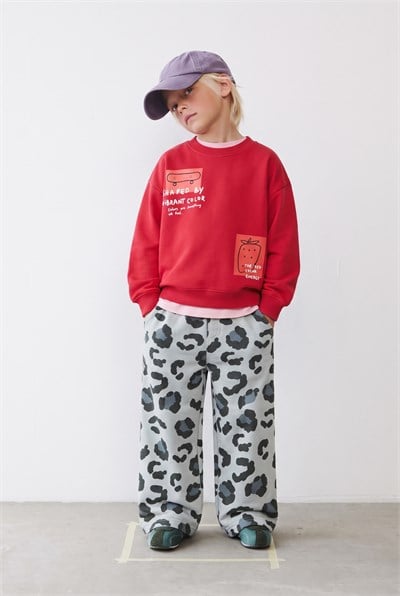 Çocuk Baskılı Kırmızı Sweatshirt ve Eşofman Takımı
