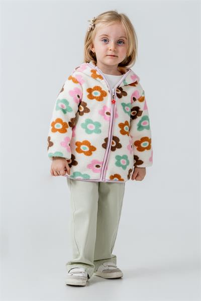 Kız Çocuk Pamuklu Çiçek Desenli Kapüşonlu Polar Ceket - Fermuarlı
