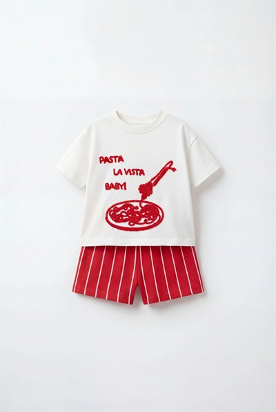 Unisex Bebek Pamuklu Beyaz Pasta Temalı Tişört Şort Takım