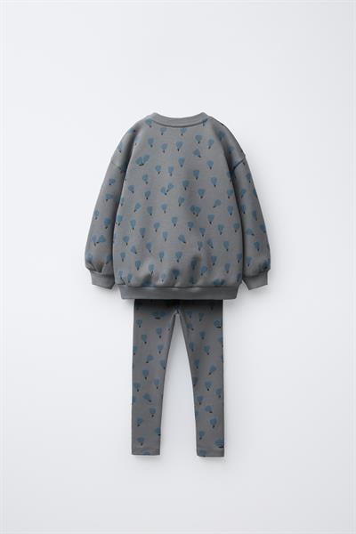 Kız Çocuk Pamuklu Gri Çiçek Desenli Sweatshirt ve Tayt Takım - Rahat Günlük Takım