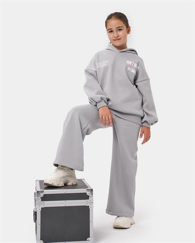 Kız Çocuk Pamuklu Gri Kapüşonlu  Sweatshirt ve Palazzo Eşofman Takımı