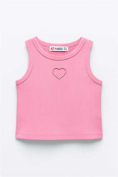 Kız Çocuk Ribana Pamuklu Pembe Kalp Nakışlı Crop T-shirt – Yazlık Rahat Kalıp