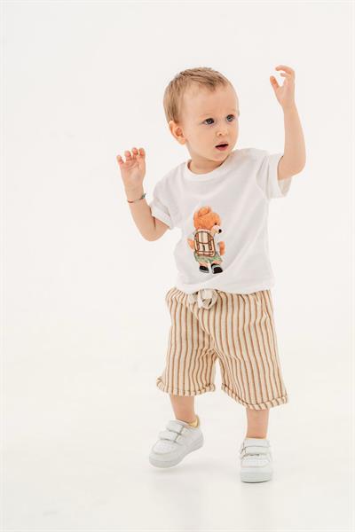 Pamuk Ayıcık Baskılı Beyaz Erkek Bebek Tişört ve Çizgili Şort İkili Takım (6-24 Ay)