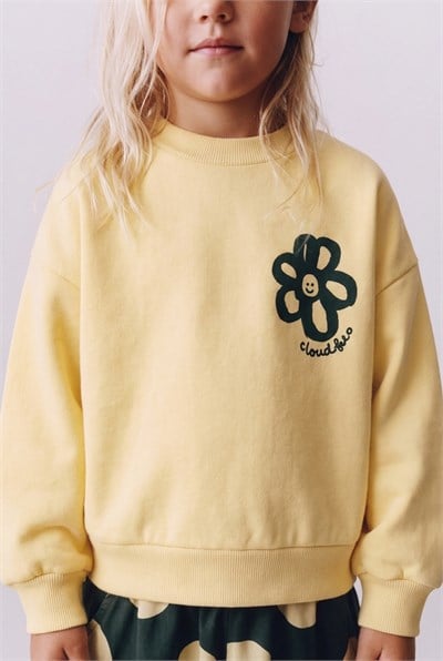 Kız Çocuk Pamuklu Çiçek Baskılı Sarı Sweatshirt ve Puantiyeli Eşofman Takımı