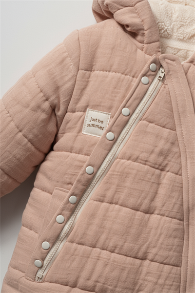 Kız Bebek Organik Pamuklu Pembe Kapitone Kışlık Tulum - Kapüşonlu