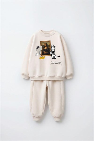 Çocuk Magu ve Milo Desenli Ekru Sweatshirt ve Eşofman Altı Takımı