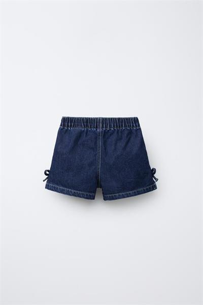 Kız Çocuk Pamuklu Koyu Mavi Fiyonklu Denim Şortlu Takım - Yazlık Askılı Model