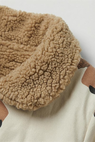 Unisex Çocuk Pamuklu Krem Köpek Desenli Peluş Yaka Ceket